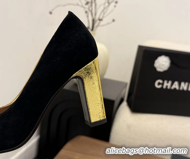 Low Price Chanel CC Logo Black Gold Leather Pumps 85MM 6051810