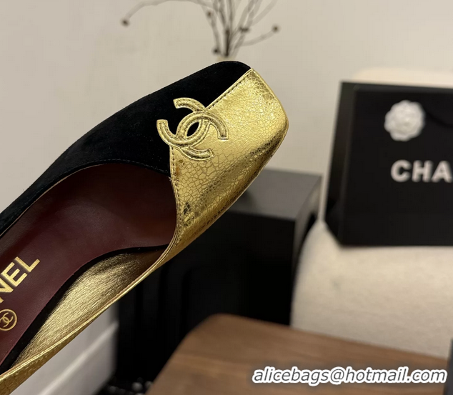 Low Price Chanel CC Logo Black Gold Leather Pumps 85MM 6051810