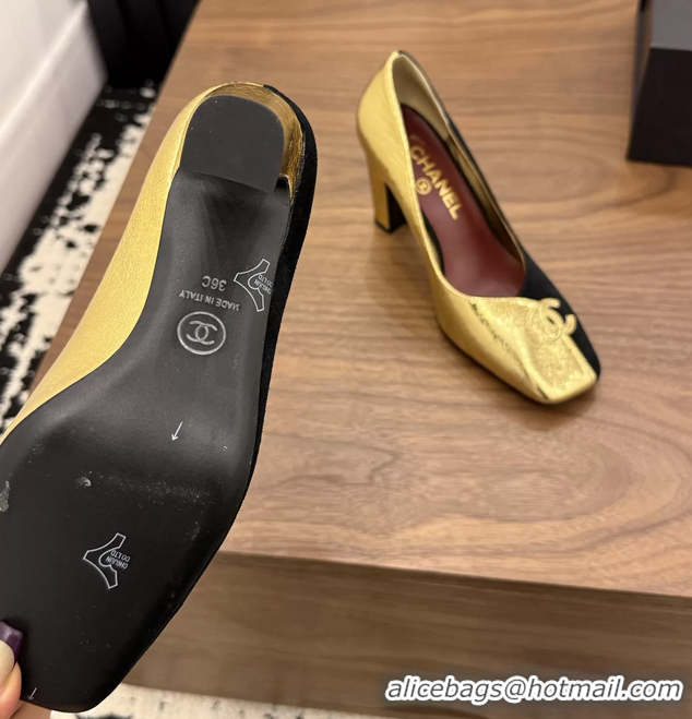 Low Price Chanel CC Logo Black Gold Leather Pumps 85MM 6051810