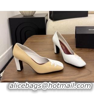 Youthful Chanel CC Logo Beige White Leather Pumps 85MM 6051810