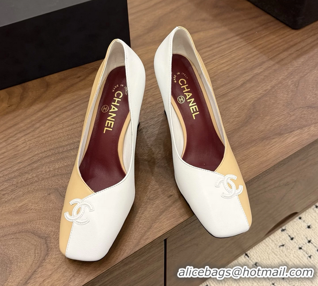 Youthful Chanel CC Logo Beige White Leather Pumps 85MM 6051810