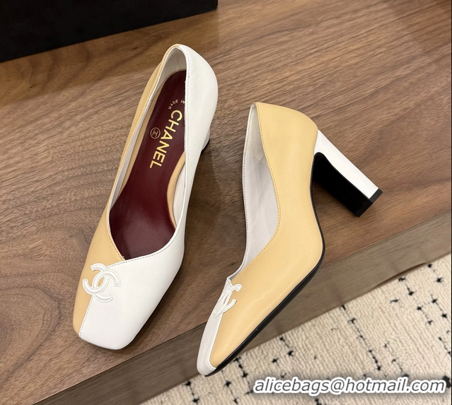 Youthful Chanel CC Logo Beige White Leather Pumps 85MM 6051810