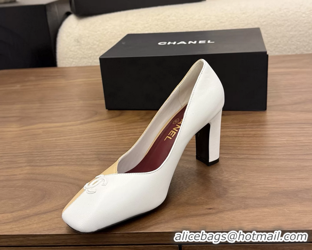 Youthful Chanel CC Logo Beige White Leather Pumps 85MM 6051810
