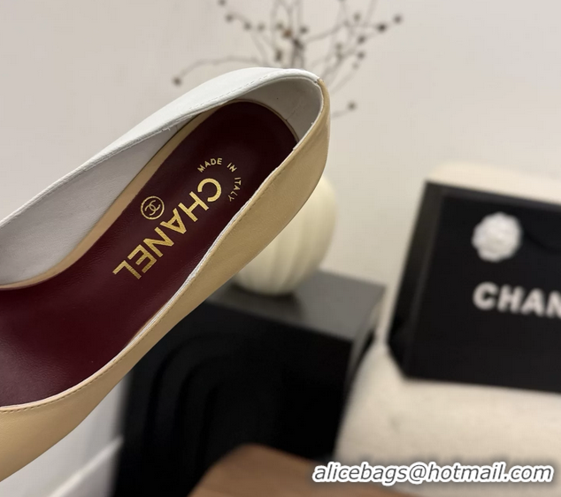 Youthful Chanel CC Logo Beige White Leather Pumps 85MM 6051810