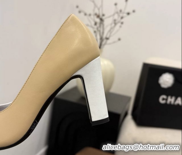 Youthful Chanel CC Logo Beige White Leather Pumps 85MM 6051810