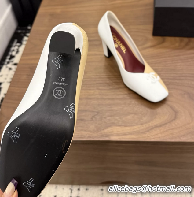 Youthful Chanel CC Logo Beige White Leather Pumps 85MM 6051810