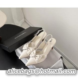 Cheap Chanel CC Bowknot White Leather Slingback Pumps 6051901