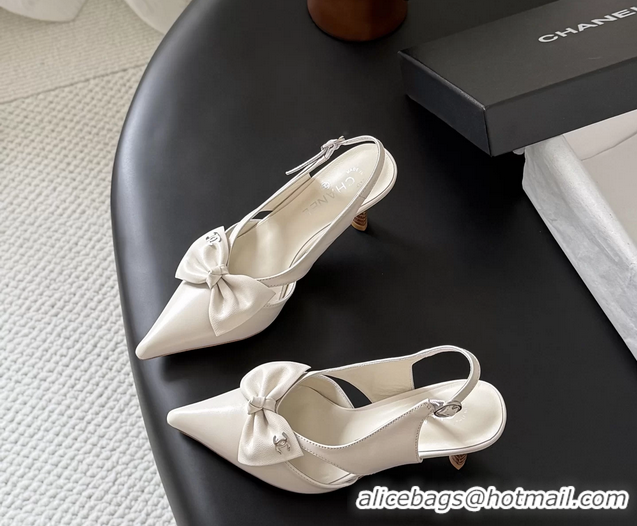 Cheap Chanel CC Bowknot White Leather Slingback Pumps 6051901