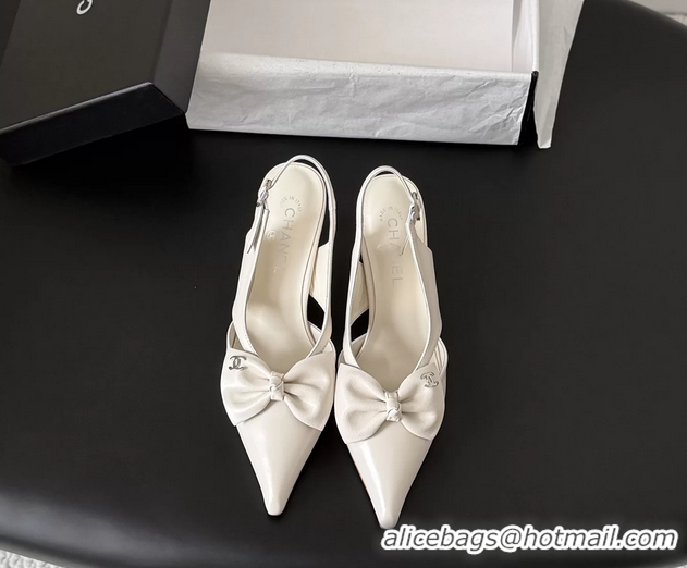 Cheap Chanel CC Bowknot White Leather Slingback Pumps 6051901