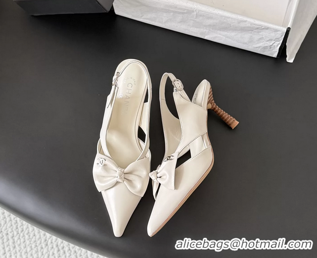 Cheap Chanel CC Bowknot White Leather Slingback Pumps 6051901