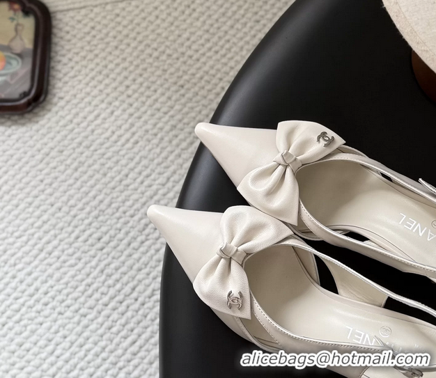Cheap Chanel CC Bowknot White Leather Slingback Pumps 6051901