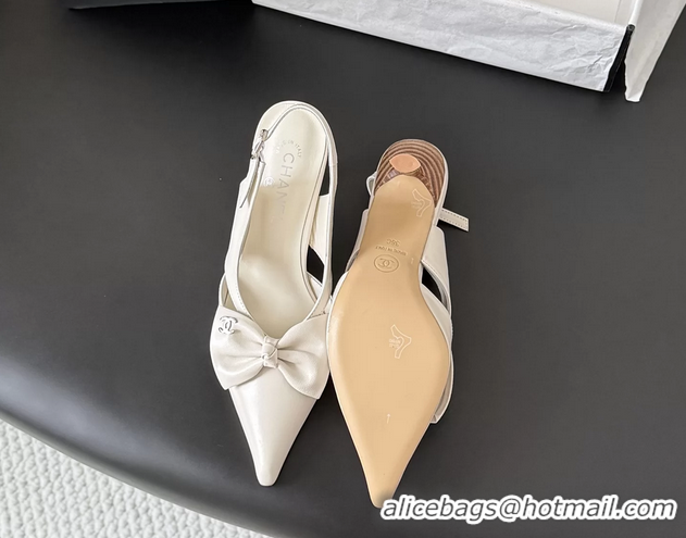 Cheap Chanel CC Bowknot White Leather Slingback Pumps 6051901
