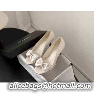 Leisure Chanel CC Bowknot White Leather Heeled Sandals Pumps 6051901