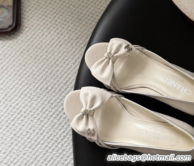 Leisure Chanel CC Bowknot White Leather Heeled Sandals Pumps 6051901
