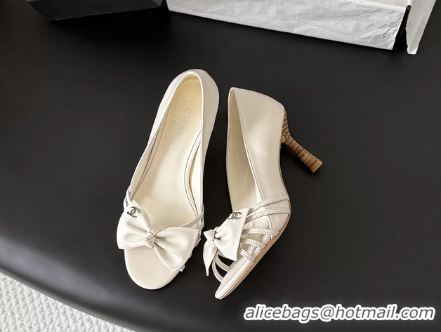Leisure Chanel CC Bowknot White Leather Heeled Sandals Pumps 6051901