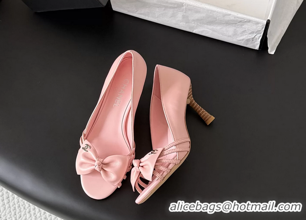 Low Price Chanel CC Bowknot Pink Leather Heeled Sandals Pumps 6051901