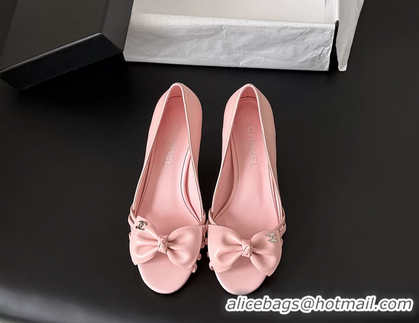 Low Price Chanel CC Bowknot Pink Leather Heeled Sandals Pumps 6051901