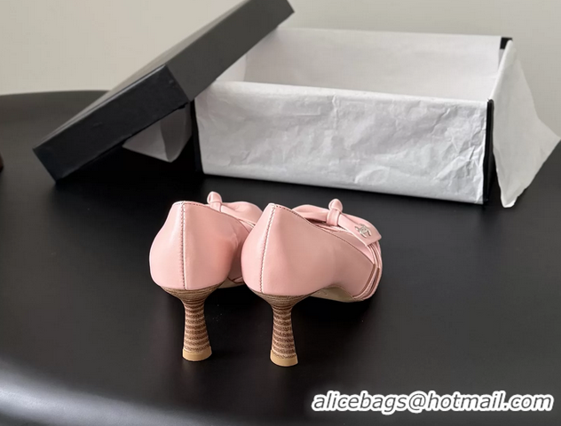 Low Price Chanel CC Bowknot Pink Leather Heeled Sandals Pumps 6051901