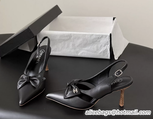 Durable Chanel CC Bowknot Black Leather Slingback Pumps 6051901
