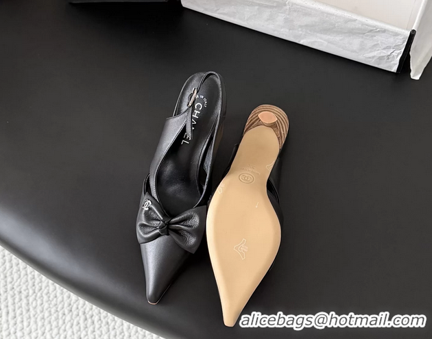 Durable Chanel CC Bowknot Black Leather Slingback Pumps 6051901