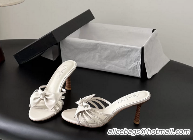 Modern Chanel CC Bowknot White Leather Heeled Slide Sandals 6051901