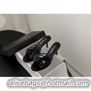 Discount Chanel CC Bowknot Black Leather Heeled Slide Sandals 6051902