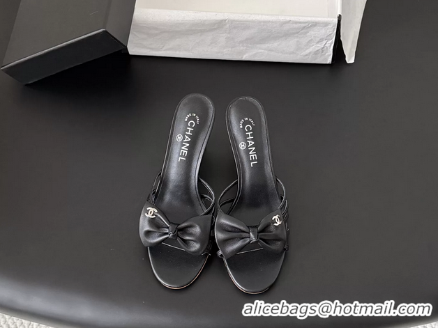 Discount Chanel CC Bowknot Black Leather Heeled Slide Sandals 6051902