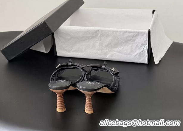 Discount Chanel CC Bowknot Black Leather Heeled Slide Sandals 6051902