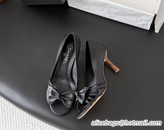 Trendy Design Chanel CC Bowknot Black Leather Heeled Sandals Pumps 6051903