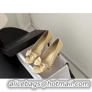 Cheap Price Chanel CC Bowknot Beige Leather Heeled Sandals Pumps 6051903