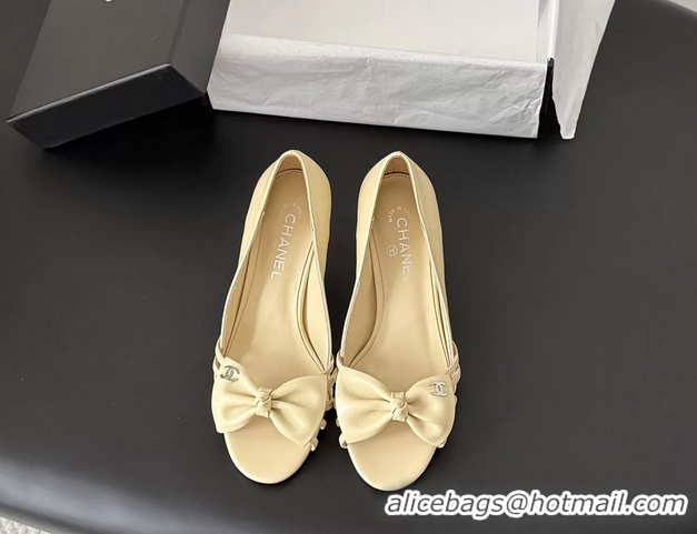 Cheap Price Chanel CC Bowknot Beige Leather Heeled Sandals Pumps 6051903
