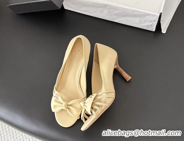 Cheap Price Chanel CC Bowknot Beige Leather Heeled Sandals Pumps 6051903
