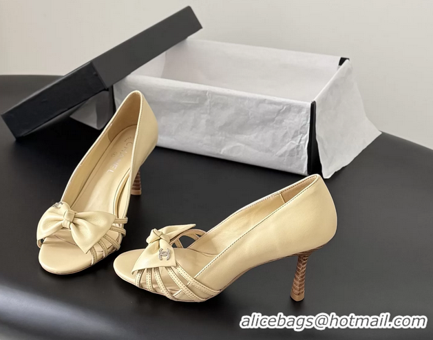 Cheap Price Chanel CC Bowknot Beige Leather Heeled Sandals Pumps 6051903