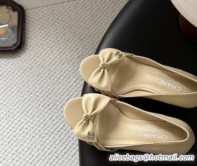 Cheap Price Chanel CC Bowknot Beige Leather Heeled Sandals Pumps 6051903