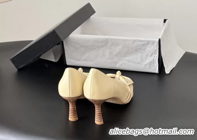 Cheap Price Chanel CC Bowknot Beige Leather Heeled Sandals Pumps 6051903
