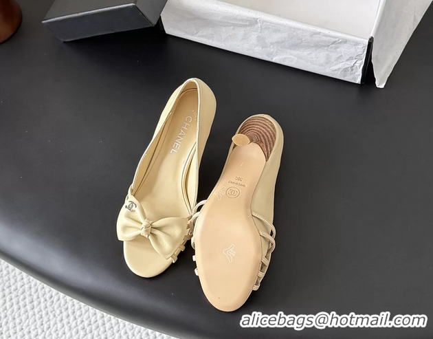 Cheap Price Chanel CC Bowknot Beige Leather Heeled Sandals Pumps 6051903
