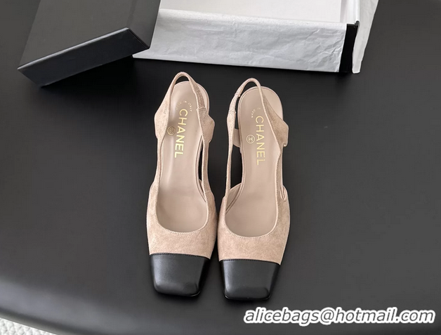 Luxurious Chanel Beige Suede Calfskin Leather Slingback Pumps 6051906