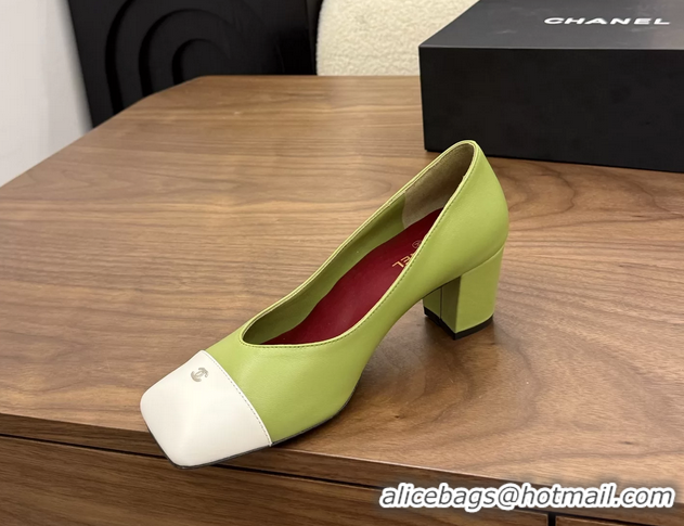 Big Discount Chanel CC Green Calfskin Leather Pumps 65MM 6051908