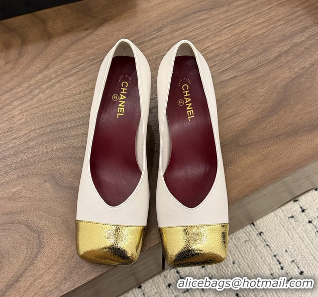 Unique Discount Chanel CC Cream White Calfskin Leather Pumps 65MM 6051908