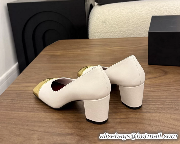 Unique Discount Chanel CC Cream White Calfskin Leather Pumps 65MM 6051908