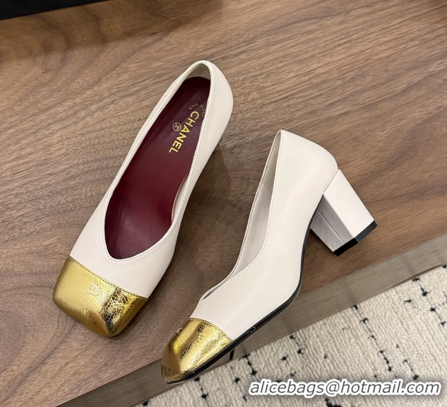 Unique Discount Chanel CC Cream White Calfskin Leather Pumps 65MM 6051908