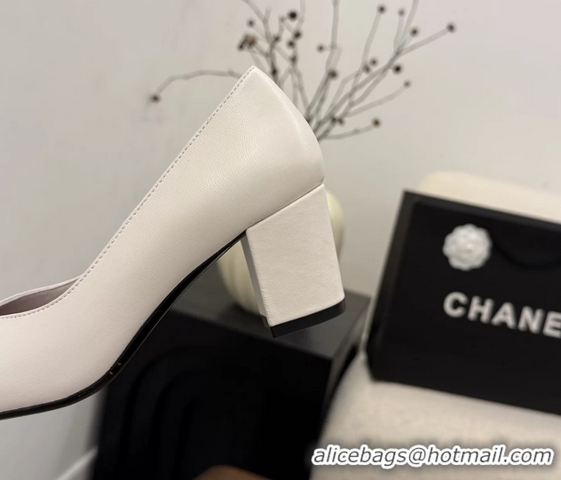 Unique Discount Chanel CC Cream White Calfskin Leather Pumps 65MM 6051908