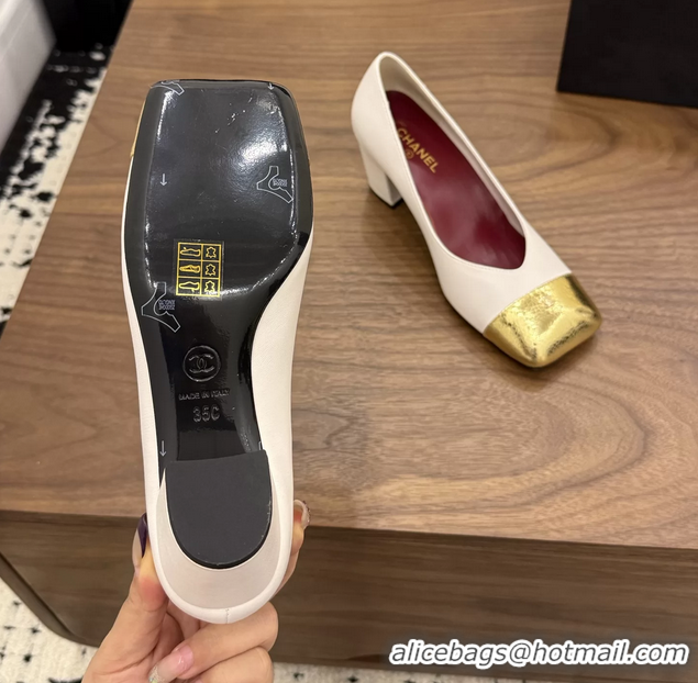 Unique Discount Chanel CC Cream White Calfskin Leather Pumps 65MM 6051908
