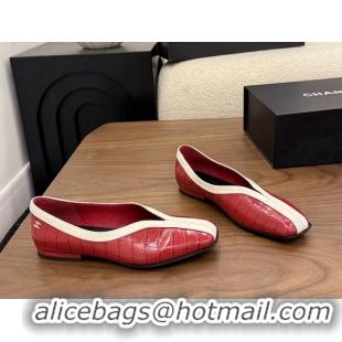 Duplicate Chanel Red Crocodile Embossed Calfskin Leather Flat Shoes 6051910