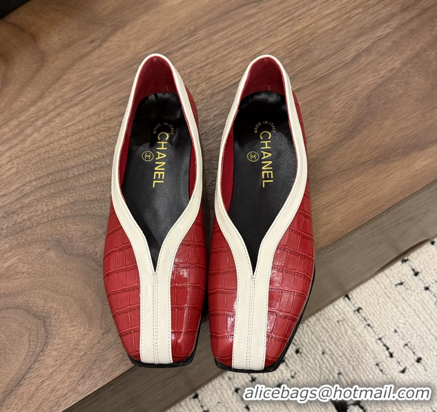 Duplicate Chanel Red Crocodile Embossed Calfskin Leather Flat Shoes 6051910