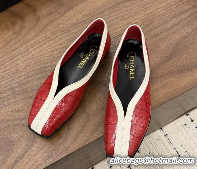 Duplicate Chanel Red Crocodile Embossed Calfskin Leather Flat Shoes 6051910