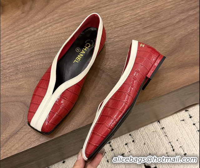 Duplicate Chanel Red Crocodile Embossed Calfskin Leather Flat Shoes 6051910