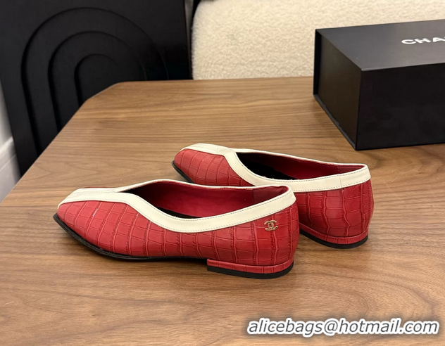 Duplicate Chanel Red Crocodile Embossed Calfskin Leather Flat Shoes 6051910