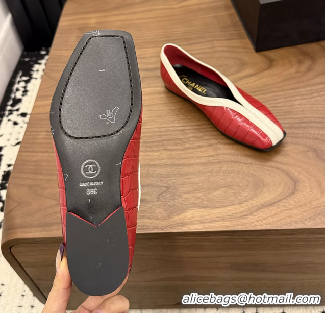 Duplicate Chanel Red Crocodile Embossed Calfskin Leather Flat Shoes 6051910