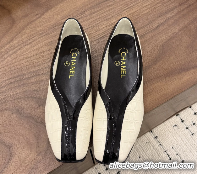 Classic Chanel Cream White Crocodile Embossed Calfskin Leather Flat Shoes 6052001